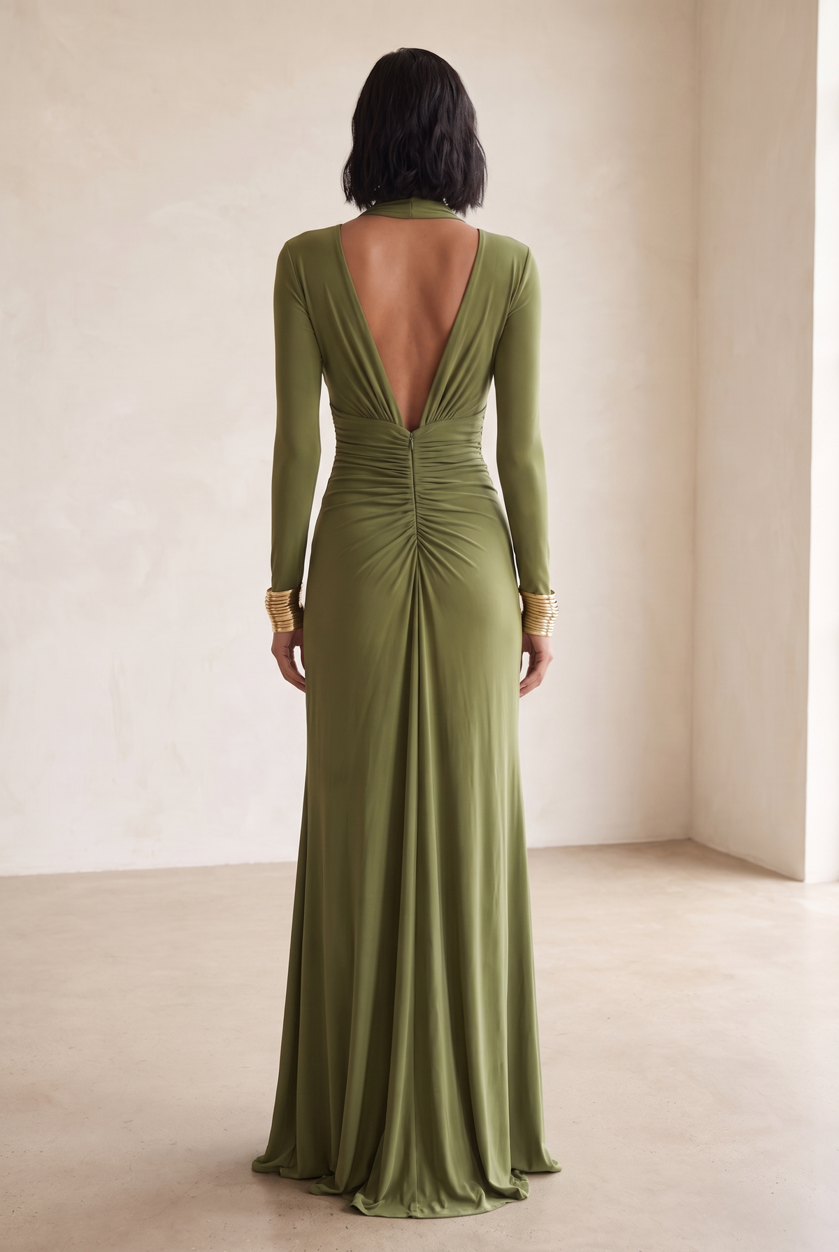 Olive Silky Stretch Maxi Dress with Deep V-Neck and Ruched Waist