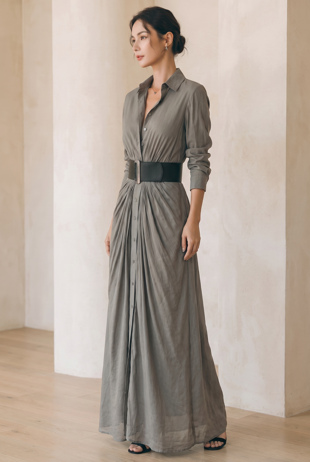 Ladies Lapel Long Sleeve Single Breasted Belt Maxi Dress