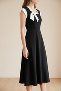 Women's Colorblock Square Neck Cap Shoulder Sleeve Waist Midi Dress