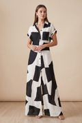Women's Cotton And Linen Blend Irregular Geometric Print Lapel Single-Breasted Short-Sleeved Maxi Shirt Dress