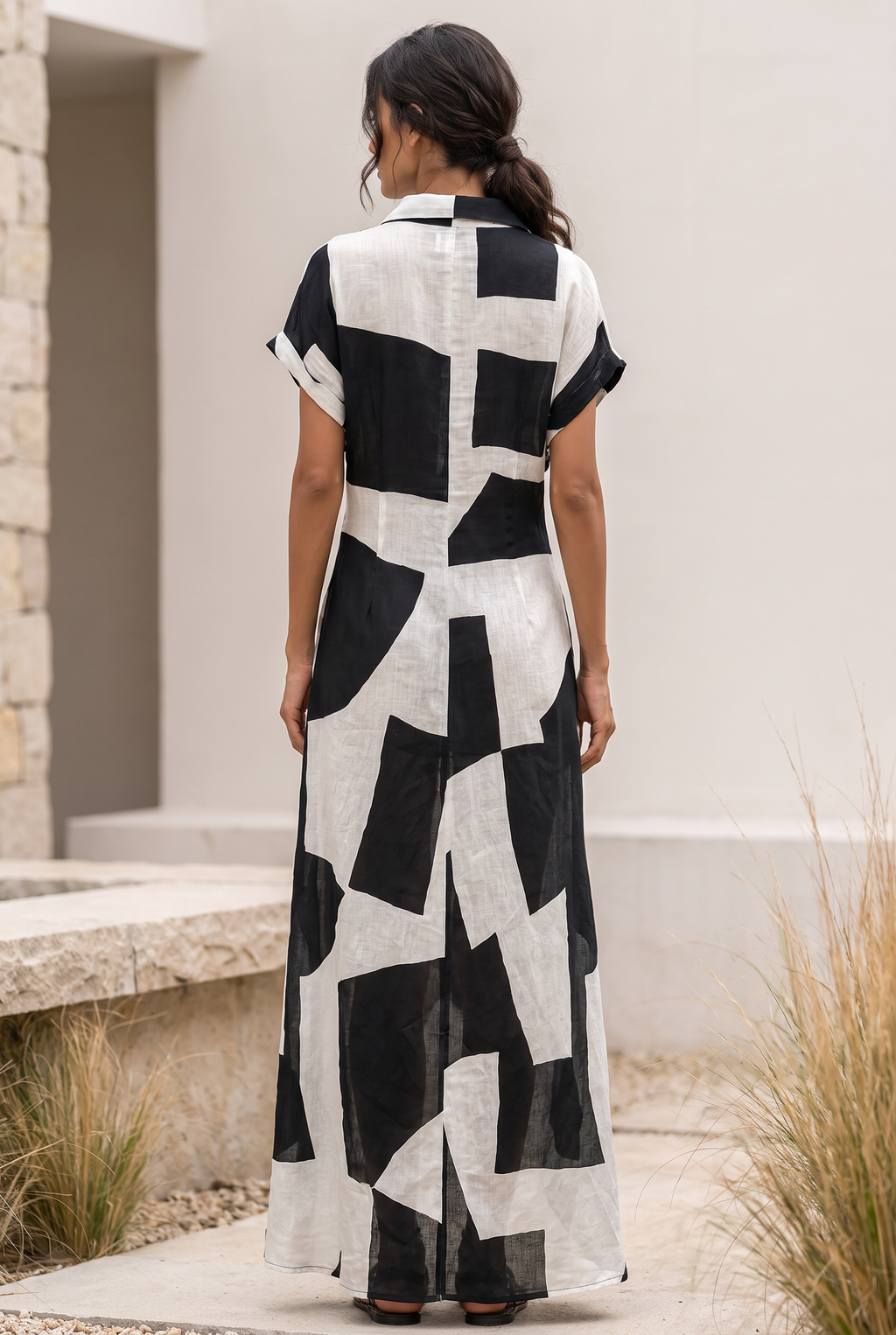 Women's Cotton And Linen Blend Irregular Geometric Print Lapel Single-Breasted Short-Sleeved Maxi Shirt Dress