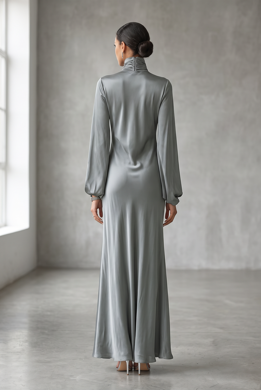 Women's Fashionable Grey Satin High-neck Long-sleeved Loose-fitting Maxi Dress