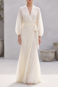 Women's Ivory Sheer Chiffon Dress With Puff Sleeves & Wrap Detail, Timeless Romantic-Luxe Style Dress