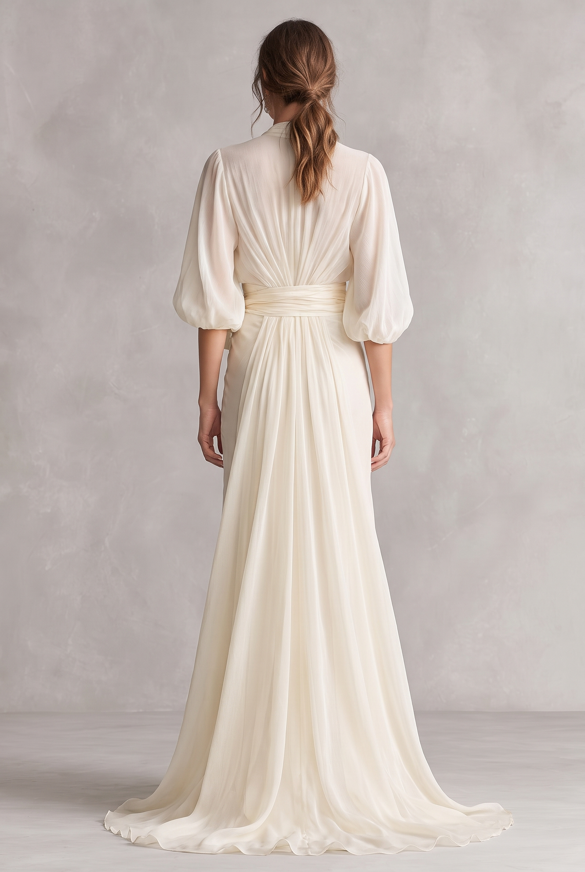 Women's Ivory Sheer Chiffon Dress With Puff Sleeves & Wrap Detail, Timeless Romantic-Luxe Style Dress