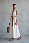 Women's Sleeveless V-Neck Tie-Waist Cotton Linen Maxi Dress