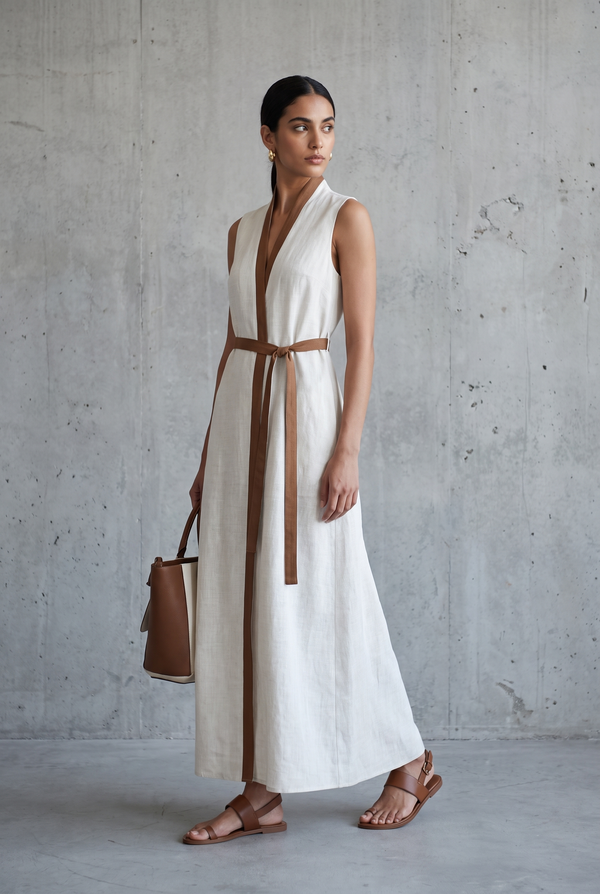 Women's Sleeveless V-Neck Tie-Waist Cotton Linen Maxi Dress