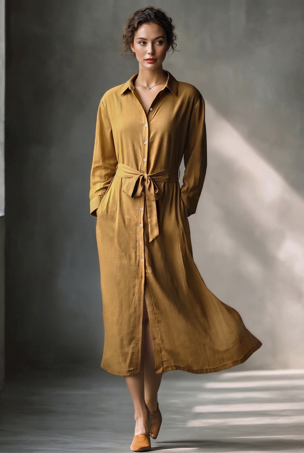 Women's Mustard Elegant Linen Blended Button - Front Belted Midi Shirt Dress