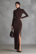 Women's Brown Stretch Fabric Chic Turtleneck Bodycon Slit Dress