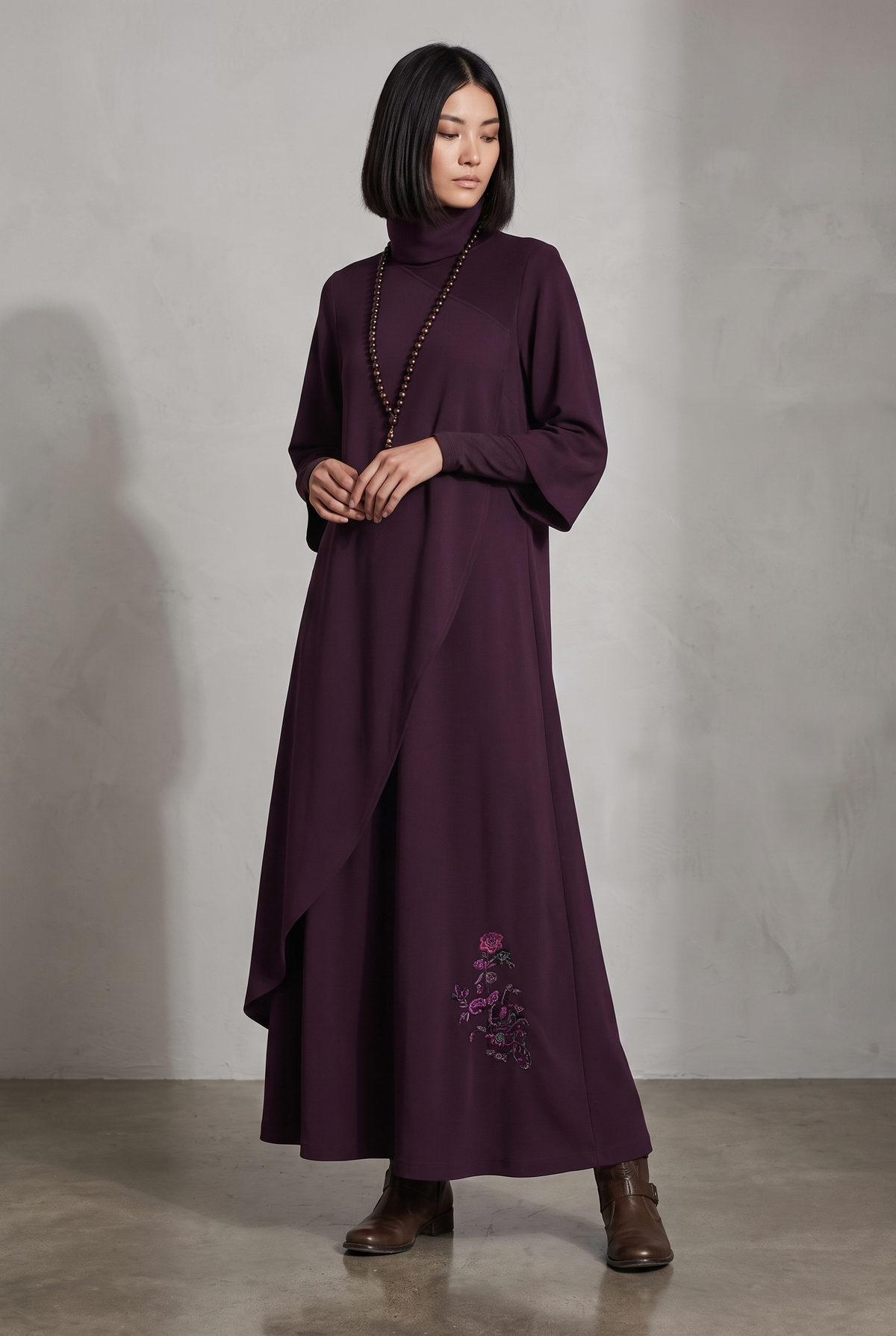 Women's Plum Draped Cotton-Blend Jersey Elegant Turtleneck Embroidered Maxi Dress