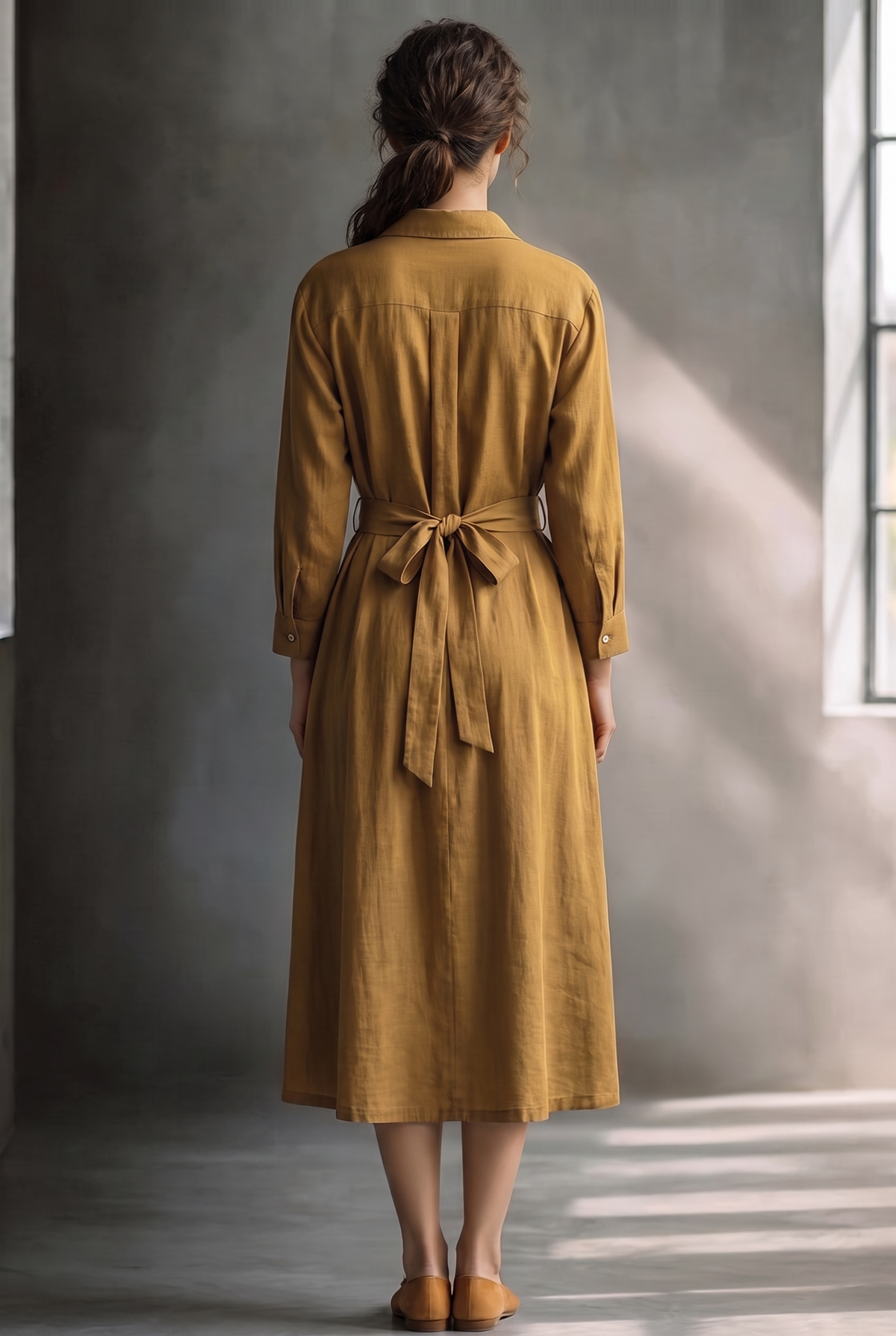 Women's Mustard Elegant Linen Blended Button - Front Belted Midi Shirt Dress