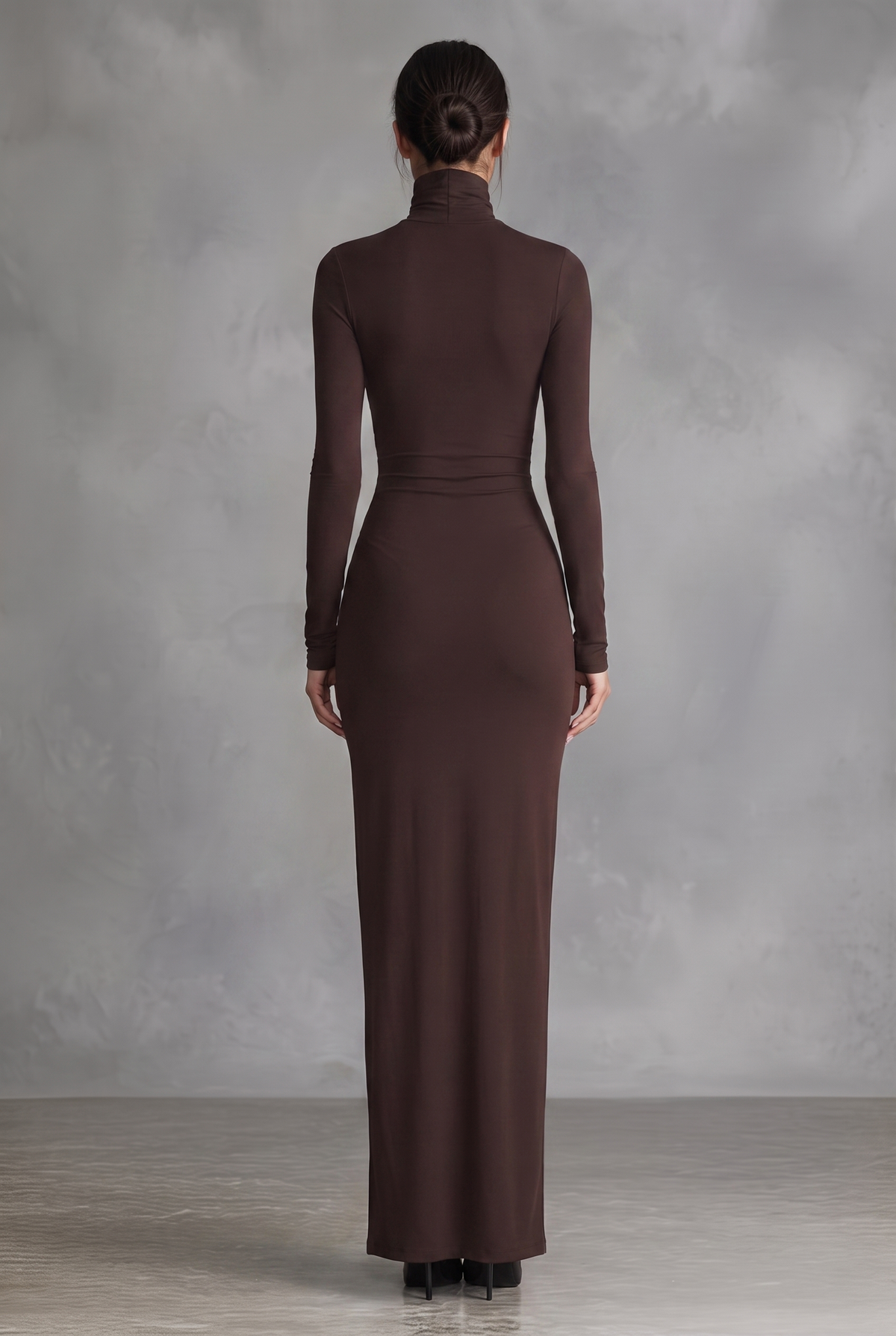 Women's Brown Stretch Fabric Chic Turtleneck Bodycon Slit Dress