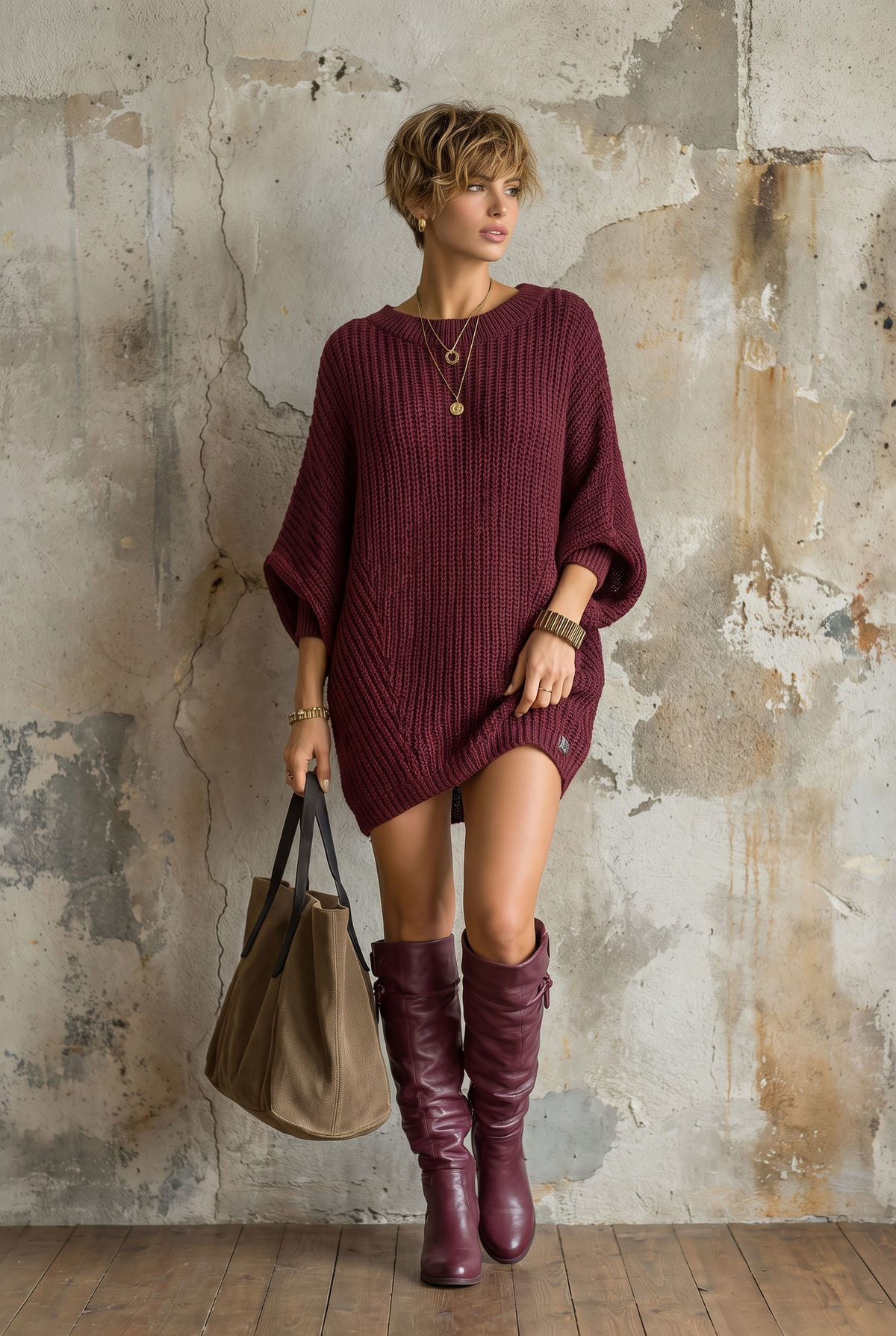Women's Knit Loose Large Round Neck Batwing Sleeve Mini Dress