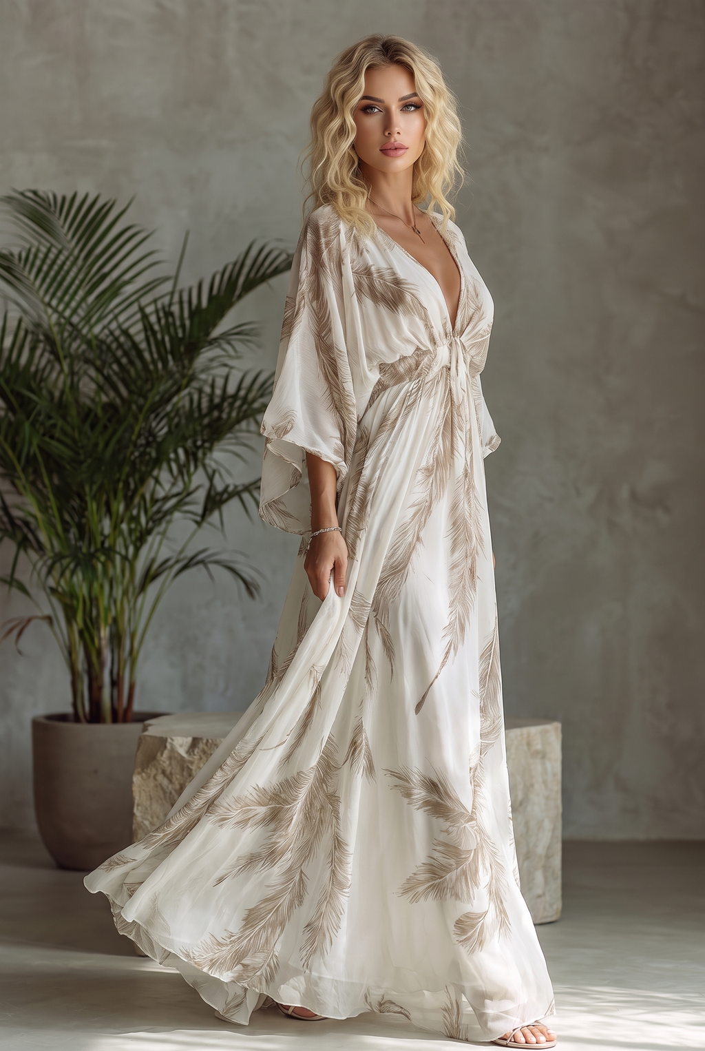 Women's Ivory And Taupe Chiffon Fabric Dolman Sleeve Maxi Dress With Twist Front & Palm Leaf Print