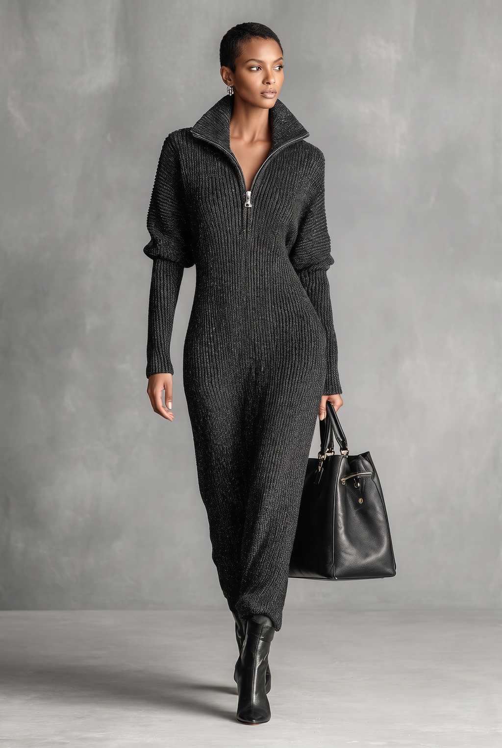 Women's Minimalist Solid Color Zipper Neck Knitted Maxi Dress