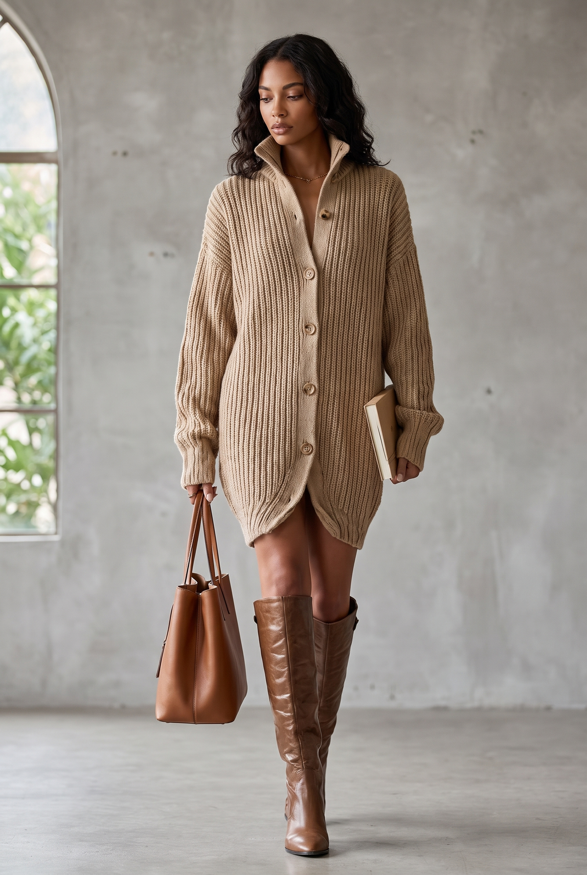 Women's Camel Elegant Button - Front Oversized Mini Cardigan Dress
