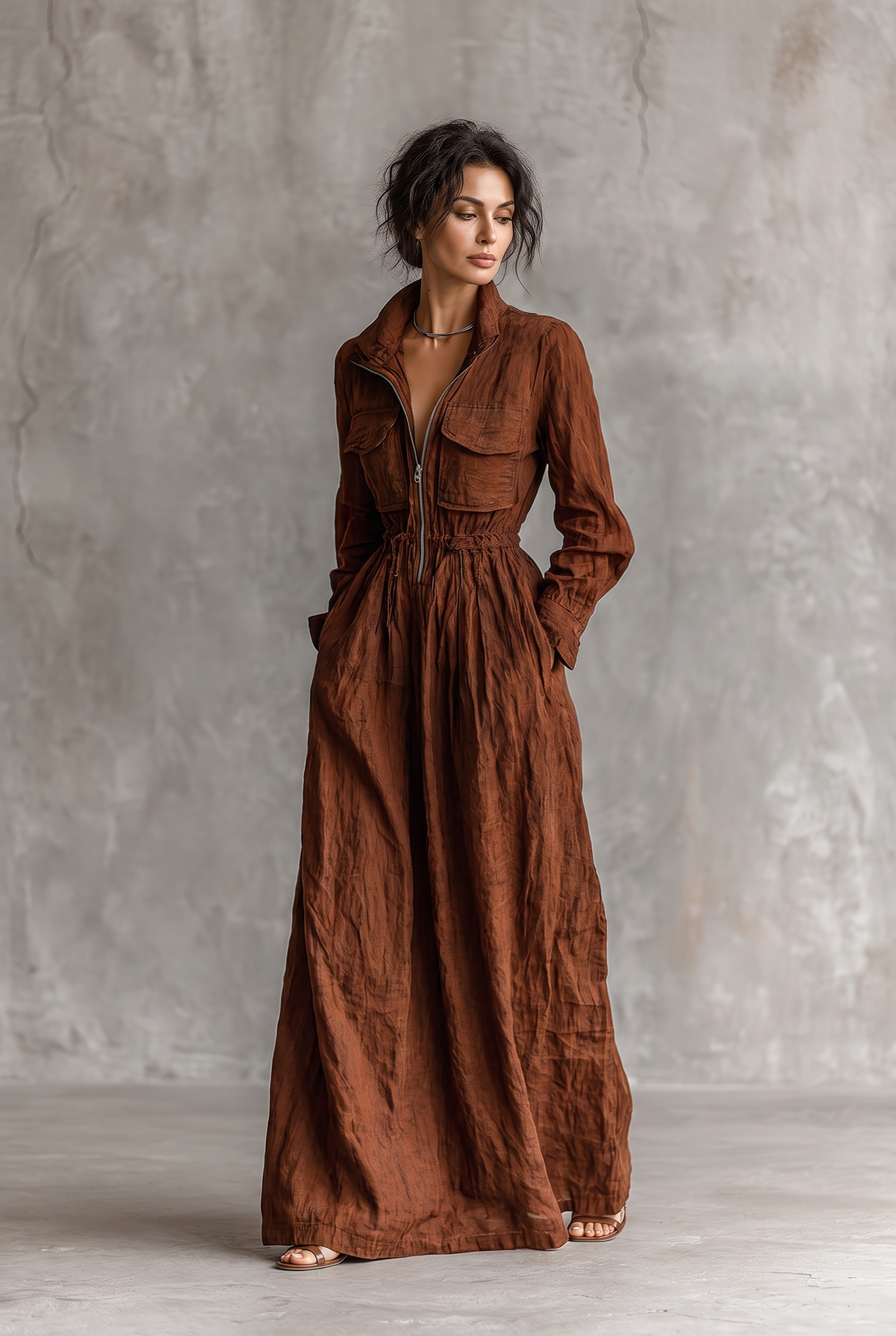 Women's Cotton And Linen Zipper Lapel Elastic Waist Maxi Dress