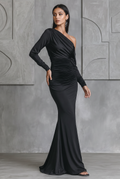 Women's Black Elegant Satin One - Shoulder Ruched Mermaid Maxi Dress