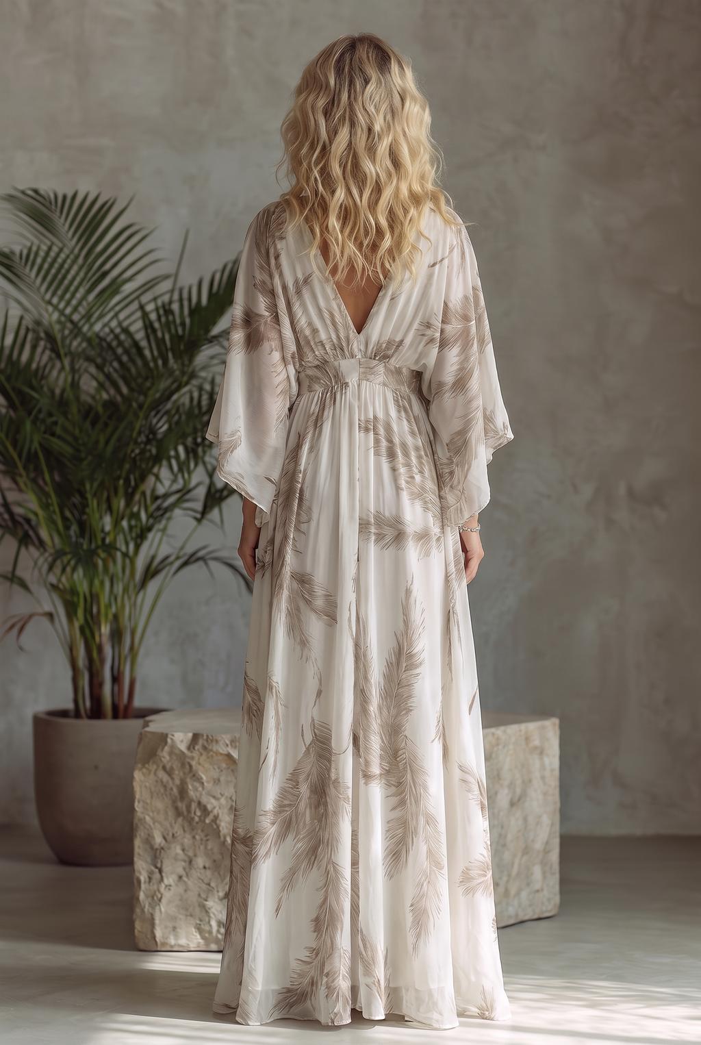 Women's Ivory And Taupe Chiffon Fabric Dolman Sleeve Maxi Dress With Twist Front & Palm Leaf Print