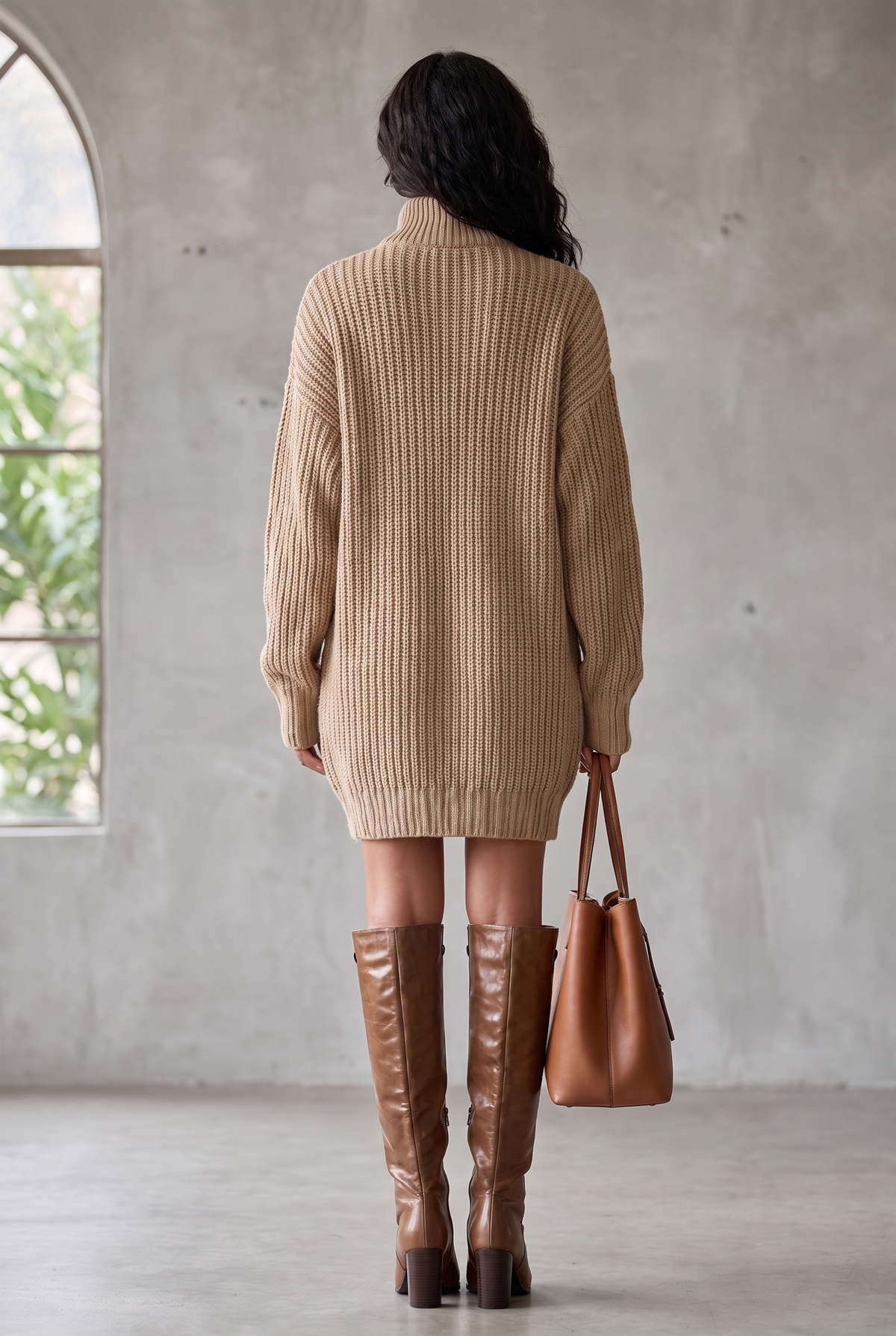 Women's Camel Elegant Button - Front Oversized Mini Cardigan Dress