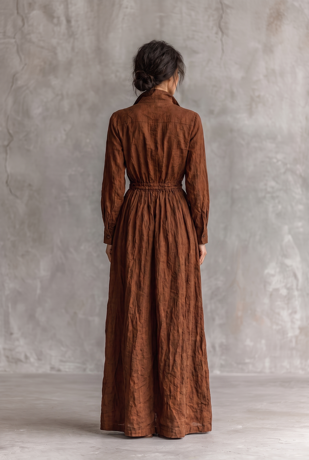 Women's Cotton And Linen Zipper Lapel Elastic Waist Maxi Dress