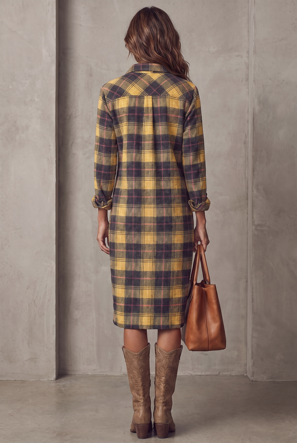 Women's Flannel Plaid Long Sleeve Shirt Midi Dress