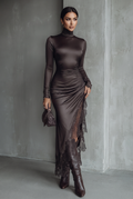 Women's Dark Brown Satin Irregular Hem Lace Slim Maxi Dress