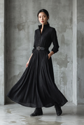 Women's Black Blend Textured Pleated Vintage Maxi Dress