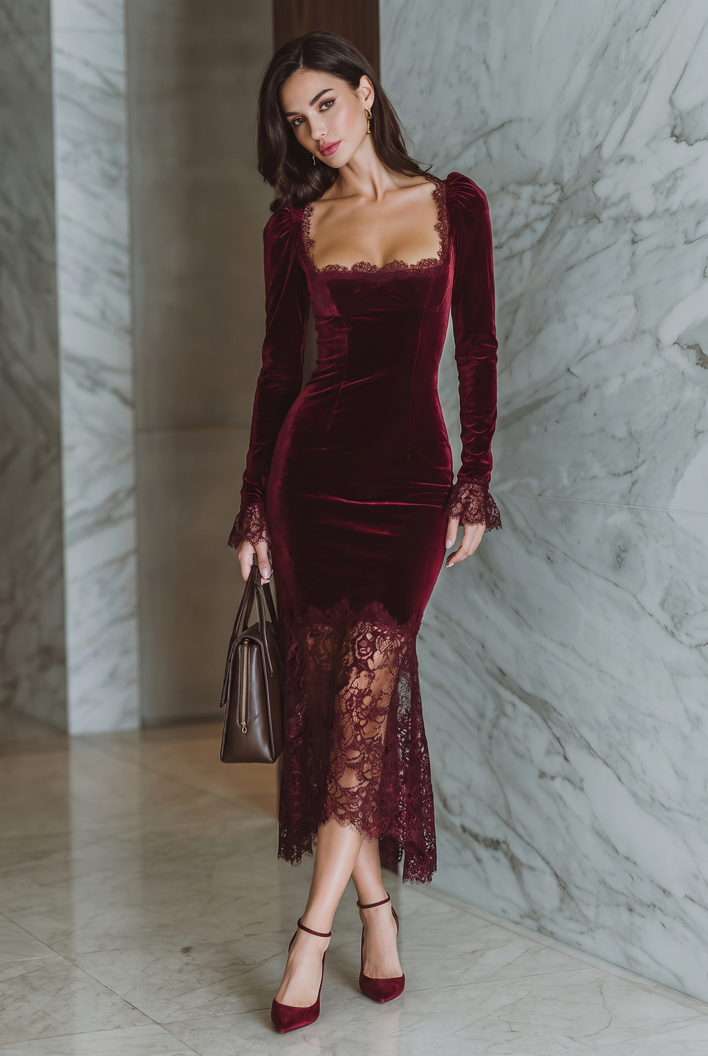 Women's Burgundy Velvet Lace Fitted Maxi Dress