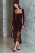 Women's Burgundy Velvet Lace Fitted Maxi Dress