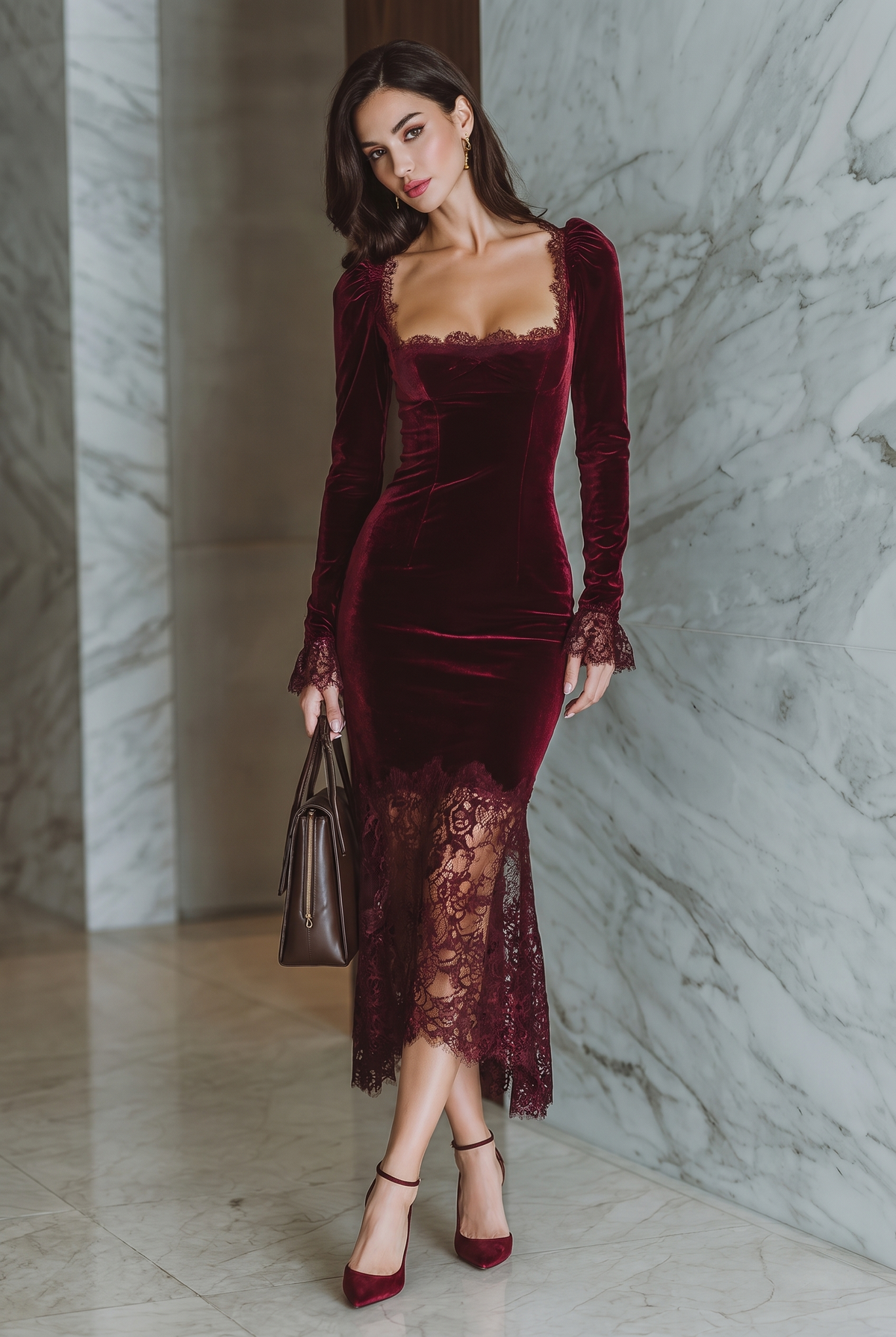 Women's Burgundy Velvet Lace Fitted Maxi Dress
