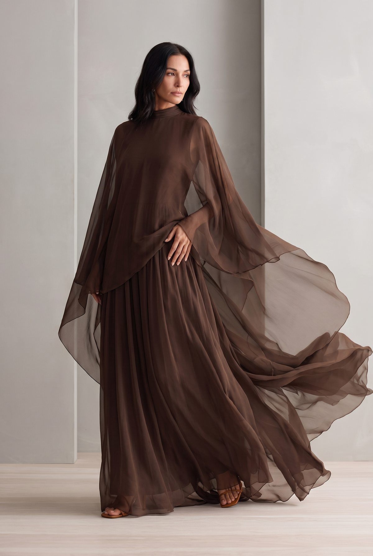 Women's Rich Brown Chiffon Dress With Flowy Maxi Silhouette & Cape-like Design, Modern Elegant-Glam Style Dress