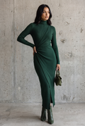 Women's Dark Green High-elastic Knitted High-neck Wrap Dress Midi Dress