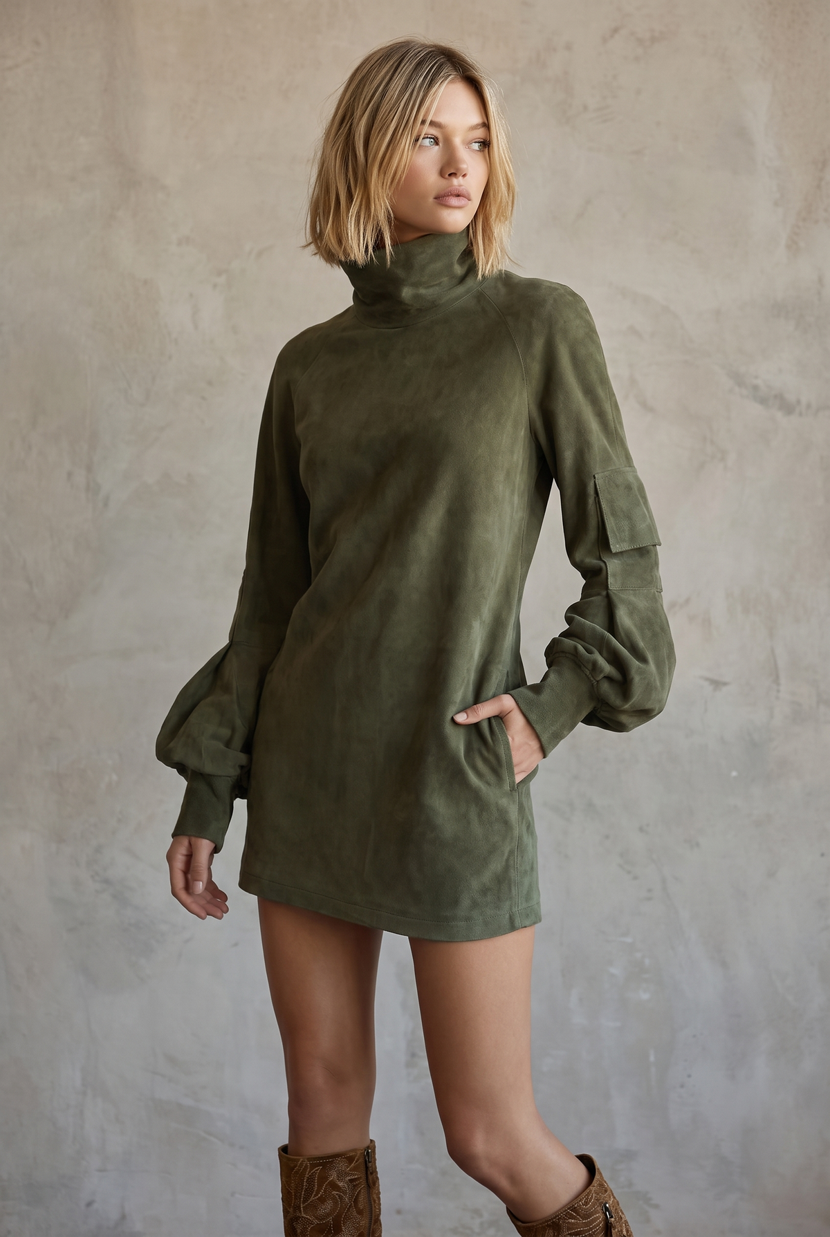Women's Vintage Loose Suede Turtleneck Mini Dress