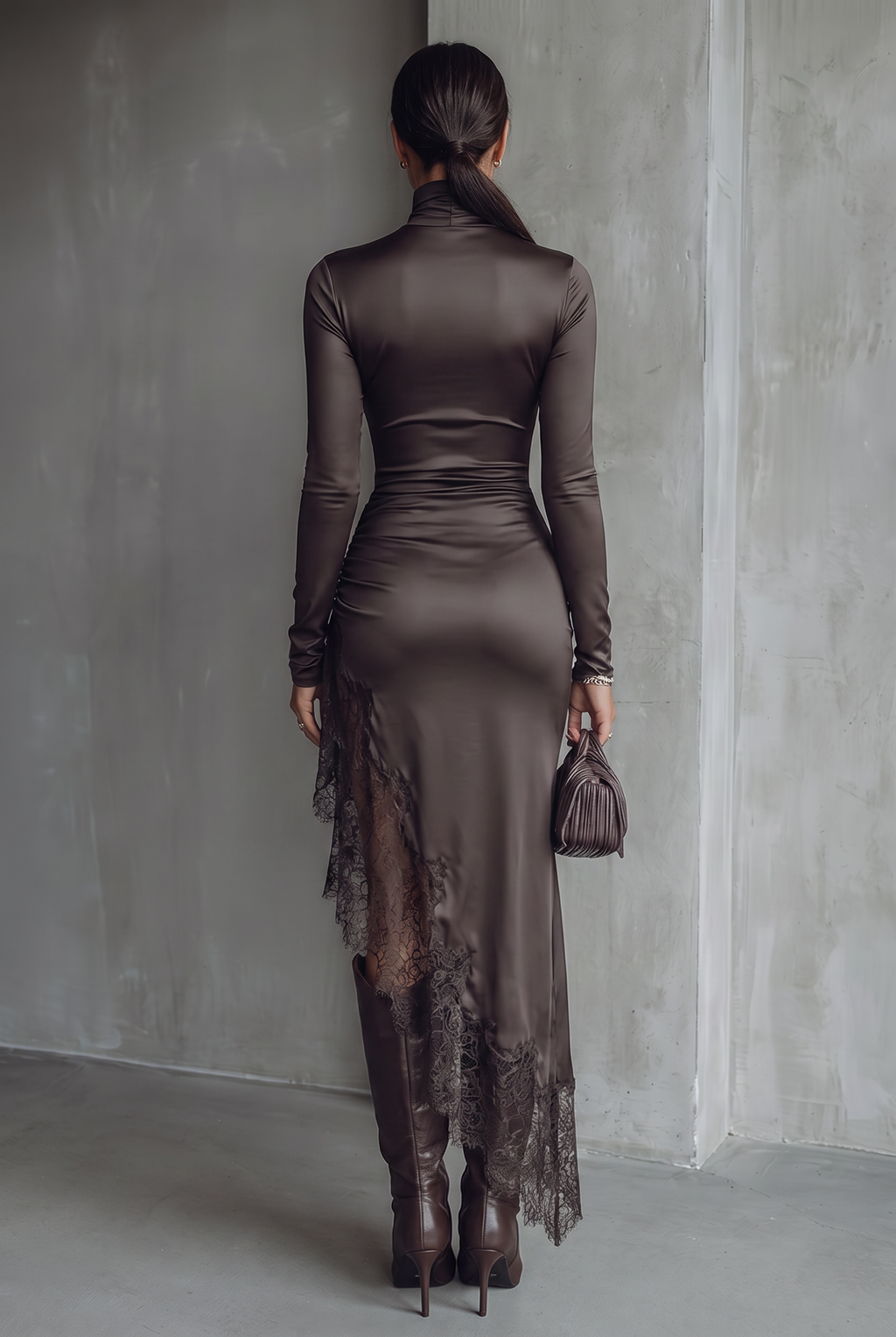 Women's Dark Brown Satin Irregular Hem Lace Slim Maxi Dress