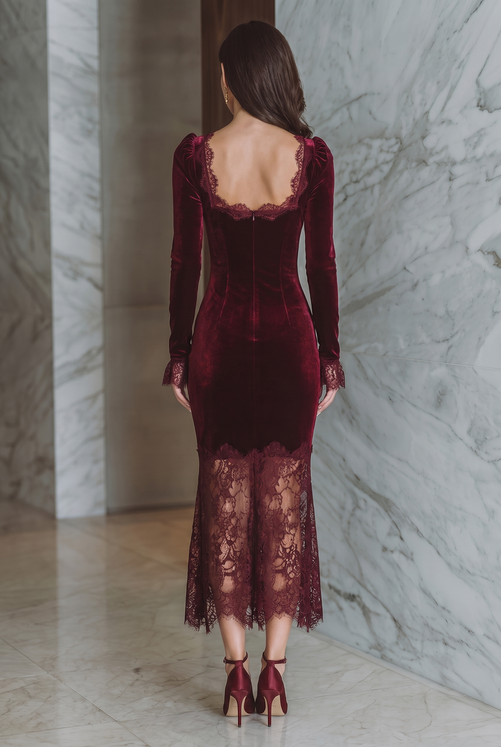 Women's Burgundy Velvet Lace Fitted Maxi Dress