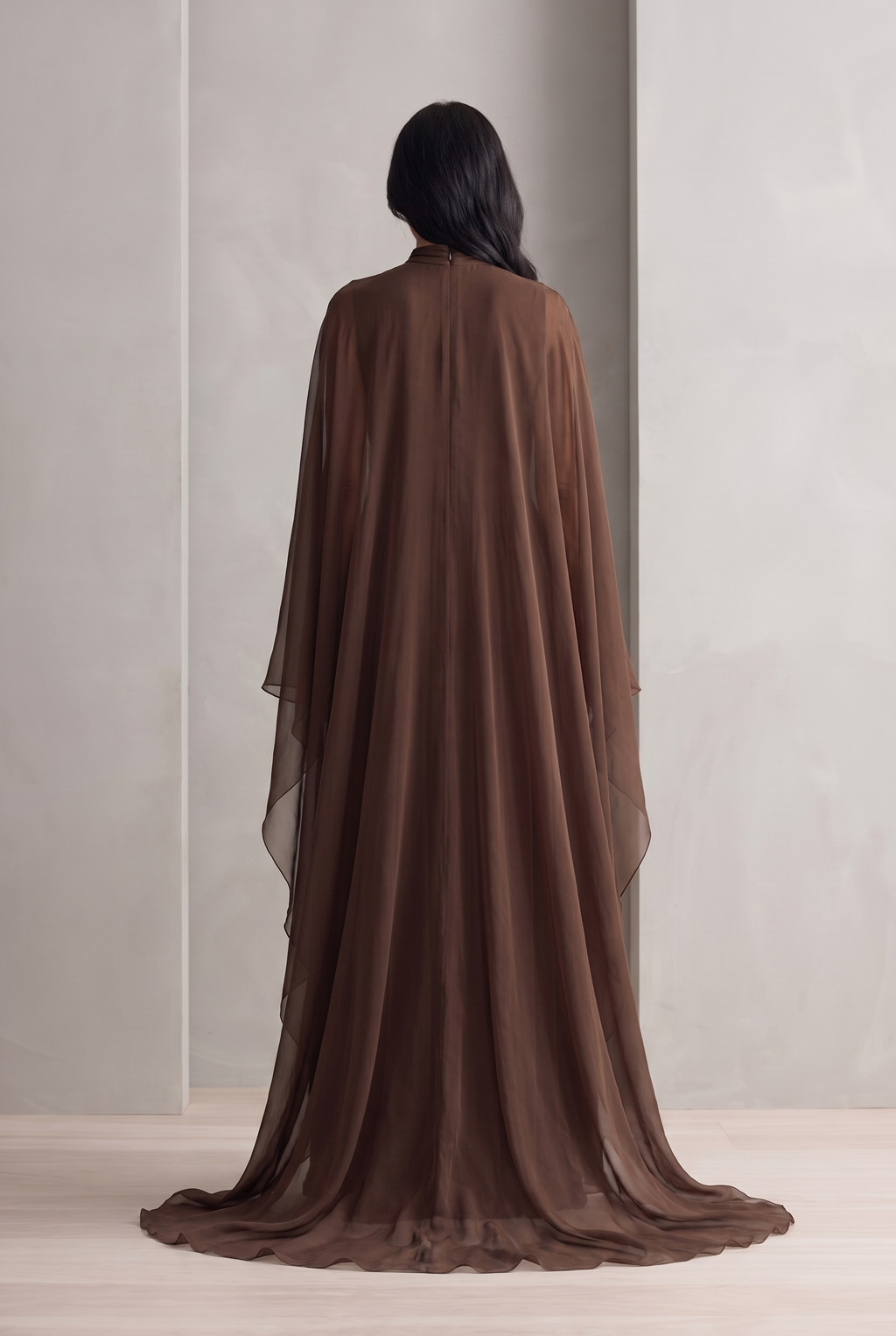 Women's Rich Brown Chiffon Dress With Flowy Maxi Silhouette & Cape-like Design, Modern Elegant-Glam Style Dress