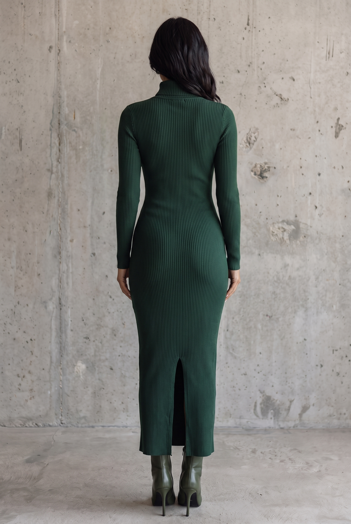 Women's Dark Green High-elastic Knitted High-neck Wrap Dress Midi Dress
