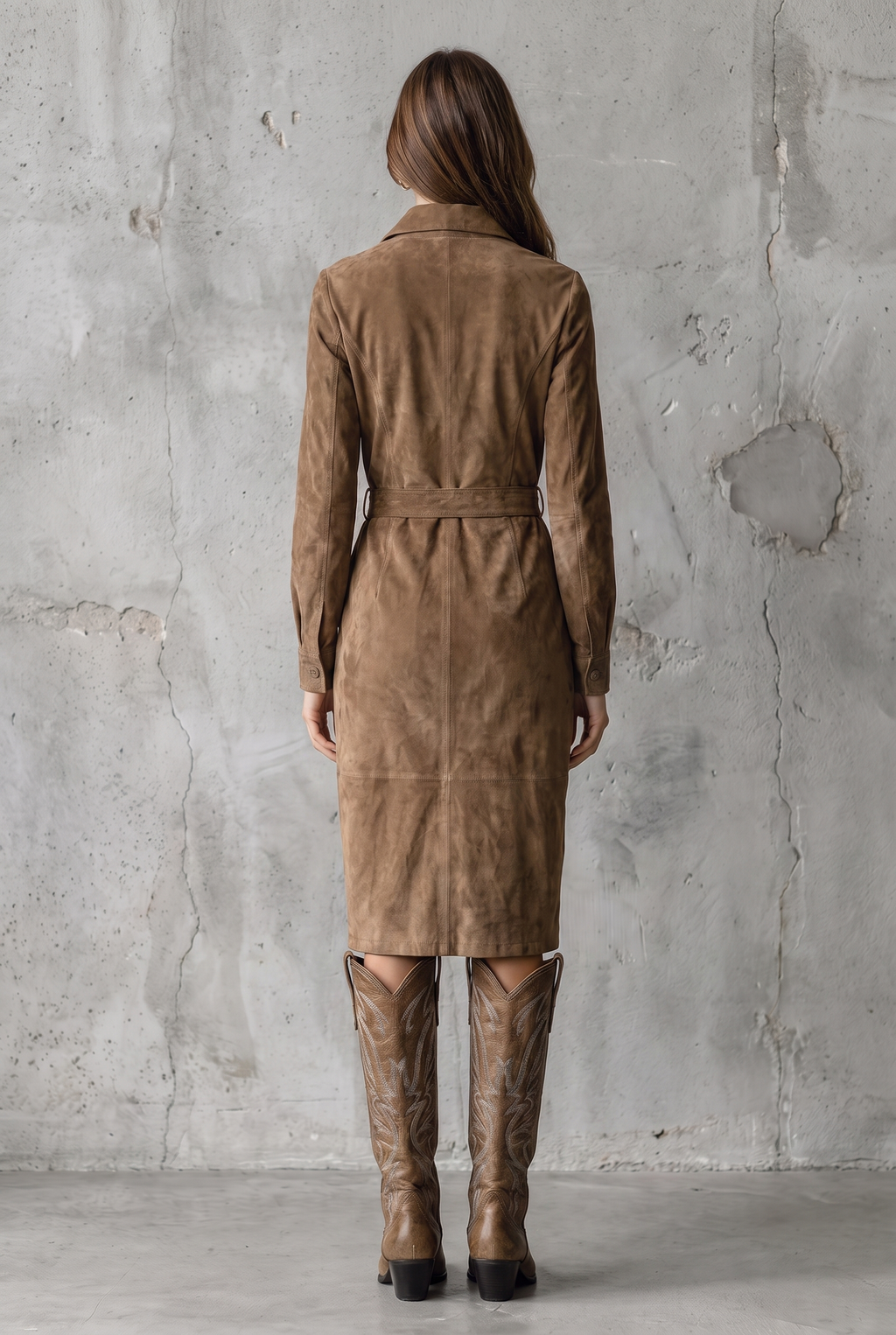 Women's Fashion Suede Single Breasted Lapel Long Sleeve Midi Dress
