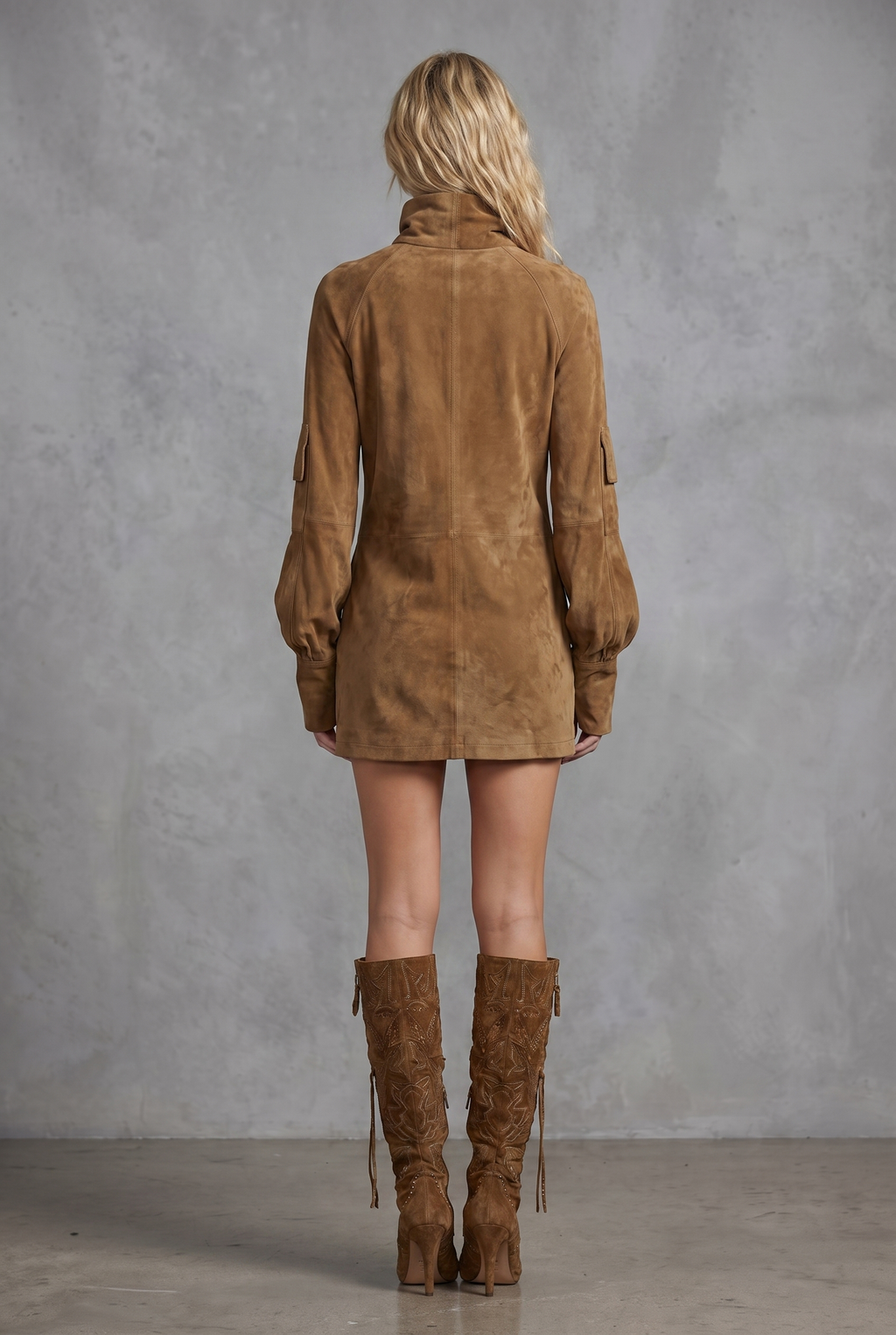 Women's Vintage Loose Suede Turtleneck Mini Dress