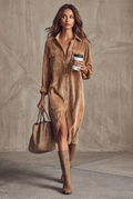 Women's Loose Corduroy Double Chest Pocket Single Breasted Midi Dress