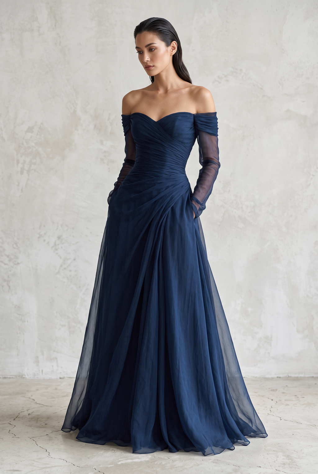 Women's Elegant Dark Blue Chiffon Organza Off-shoulder Long-sleeved Fitted Maxi Dress
