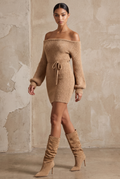 Women's Camel Elegant Fuzzy Knit Off - The - Shoulder Belted Mini Dress
