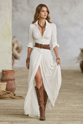 Women's Imitation Cotton And Linen Pleated Lapel Single-breasted Long-sleeved Maxi Dress
