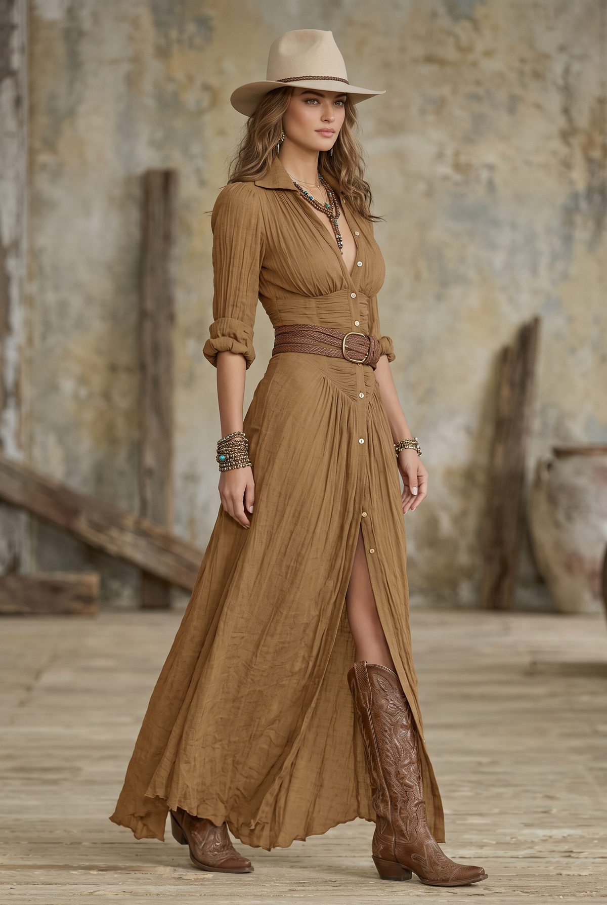 Women's Imitation Cotton And Linen Pleated Lapel Single-breasted Long-sleeved Maxi Dress