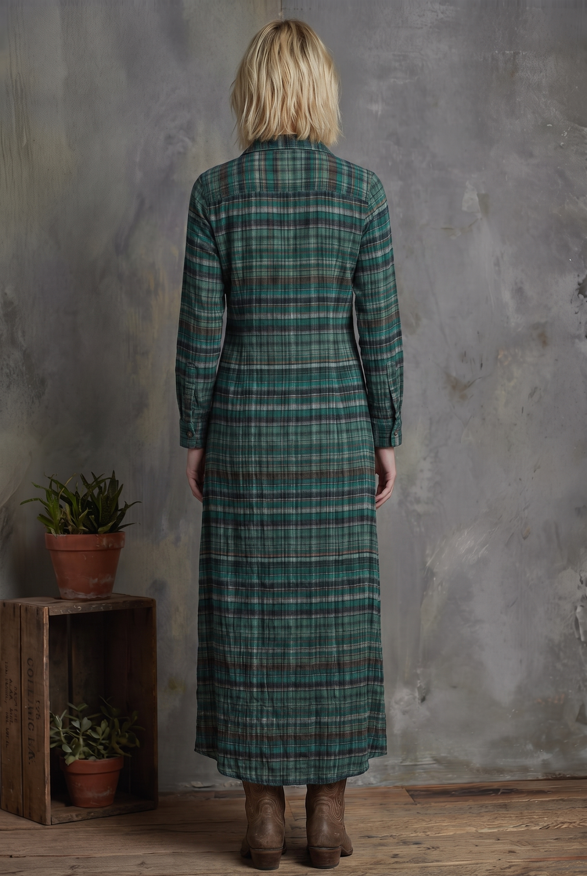 Women's Plaid Print Long-sleeved Shirt Maxi Dress