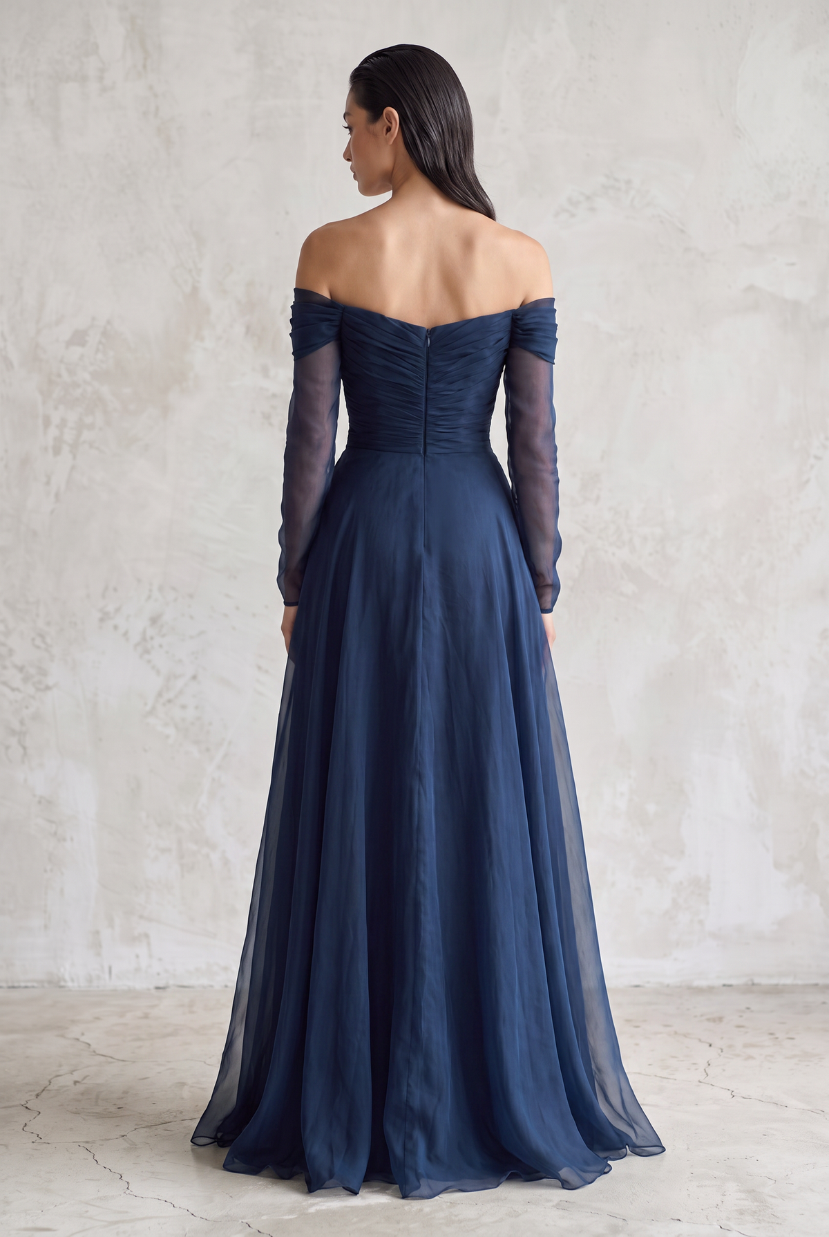 Women's Elegant Dark Blue Chiffon Organza Off-shoulder Long-sleeved Fitted Maxi Dress