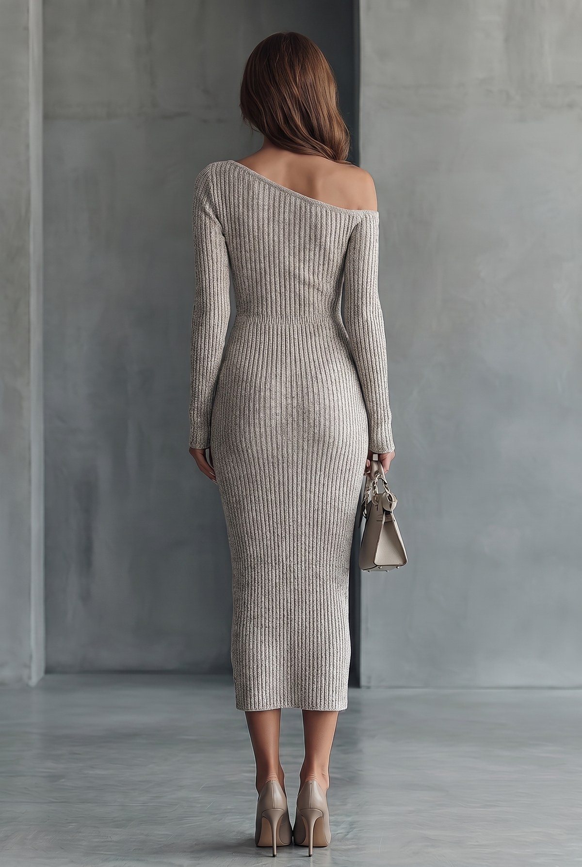 Women's Gray One-shoulder Knitted Dress