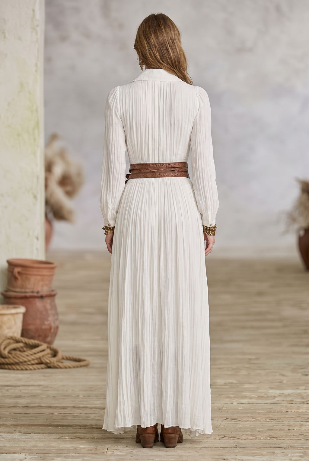 Women's Imitation Cotton And Linen Pleated Lapel Single-breasted Long-sleeved Maxi Dress