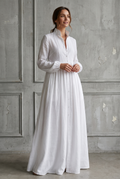 Cotton Linen Patchwork Maxi Dress with Stand-Up Collar