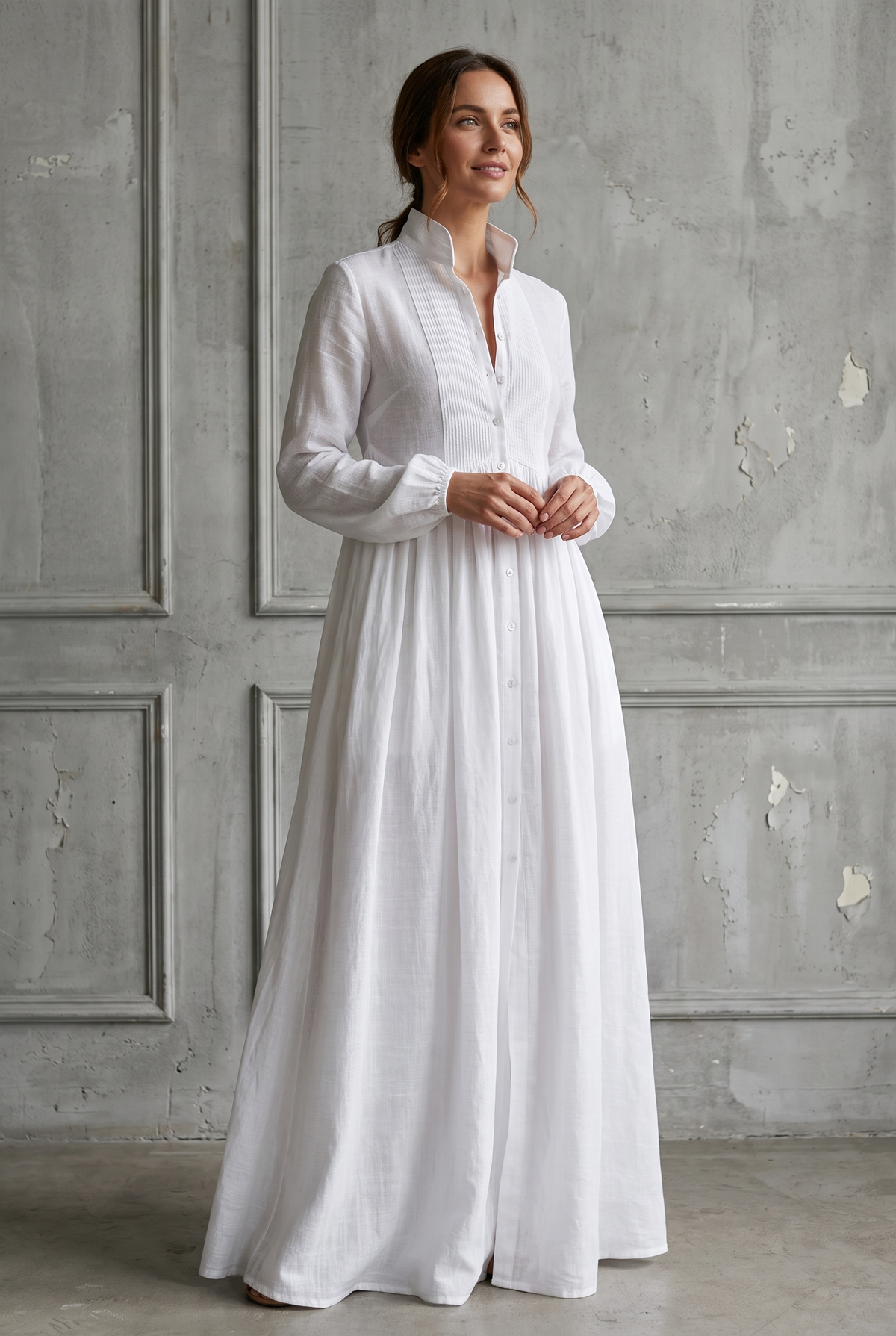 Paneled Linen Blend Maxi Dress with Button Front and Long Sleeves